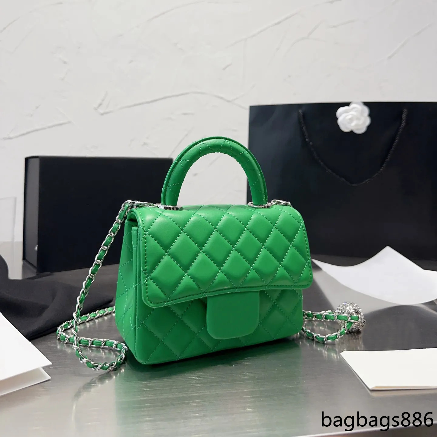 

French CF Diamond Ball Mini Top Handle Handbag Classic Diamond Quilted Square Fat Chain Shoulder Bag Luxury Sheepskin Silver Hardware Flap Crossbody Bag 17CM, Red