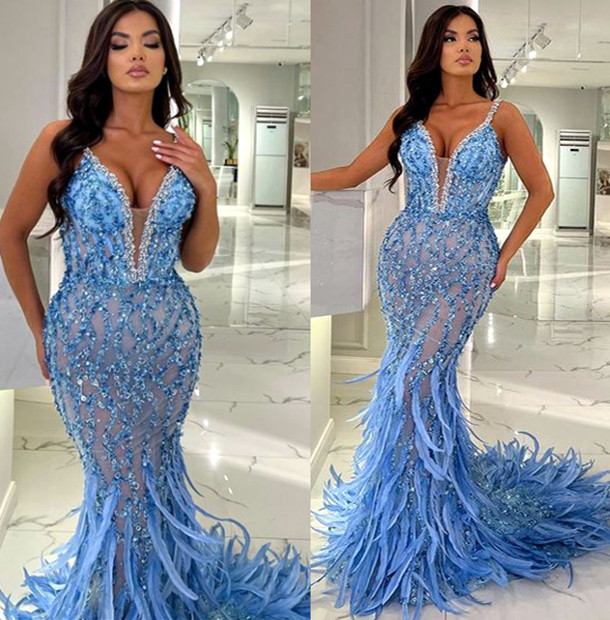 

2023 May Aso Ebi Crystals Mermaid Prom Dress Feather Sequined Lace Evening Formal Party Second Reception Birthday Engagement Gowns Dresses Robe De Soiree ZJ520, Ivory