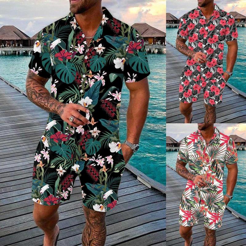

Men's Tracksuits Men's Spring/summer Leisure Sports Hawaii Beach Style Stitching Stripe Print Short Sleeved Shirt Pants Two Piece Set, Black