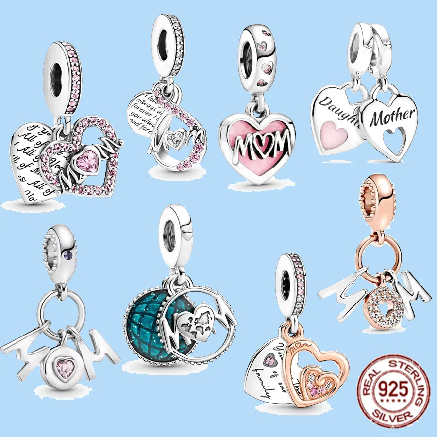 

925 sterling silver charms for pandora jewelry beads women jewelry Mom Letters Heart Double Dangle