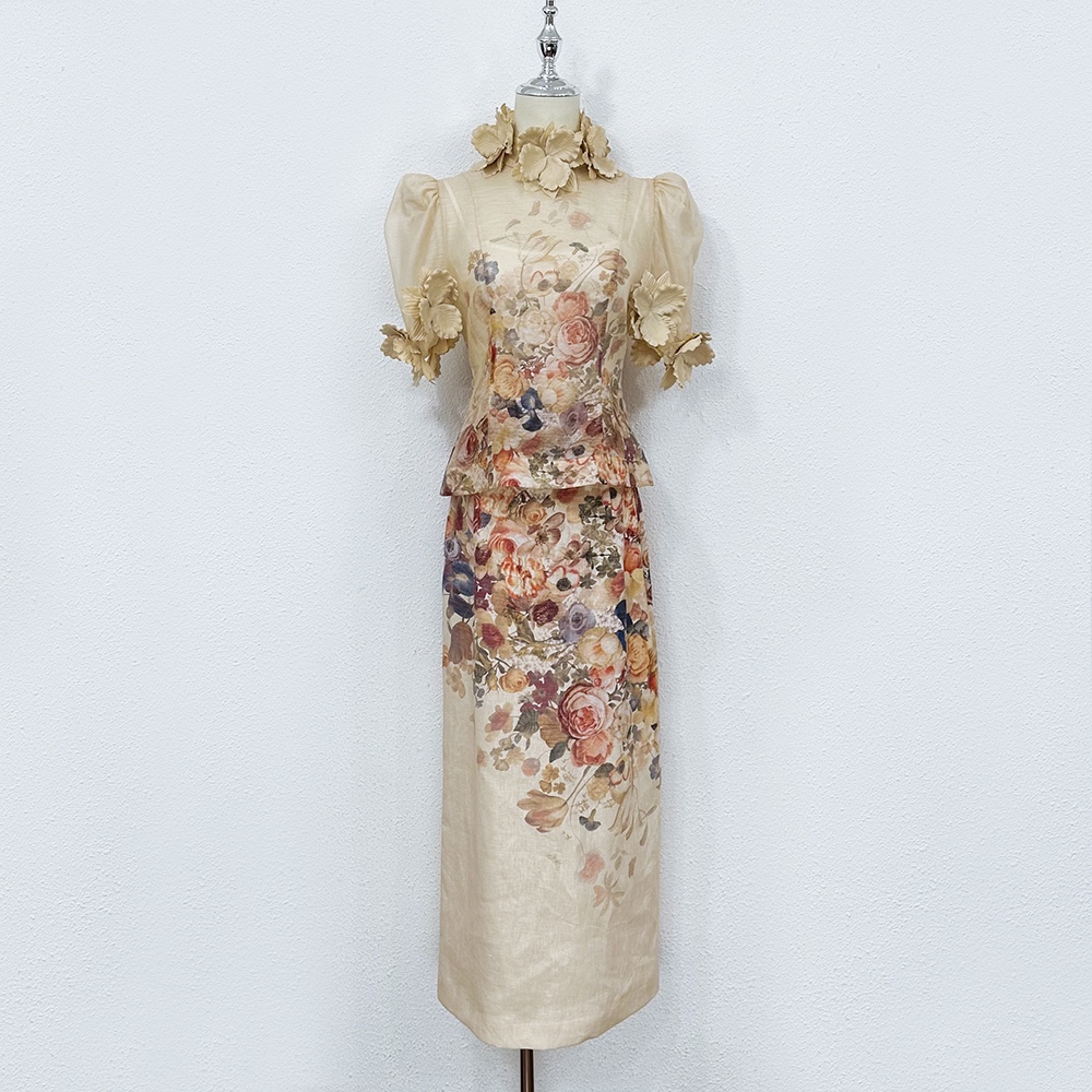 

Australian designer designed the latest spring and summer three-dimensional flower decoration linen flower top high waist hip wrap skirt two-piece set, Multi