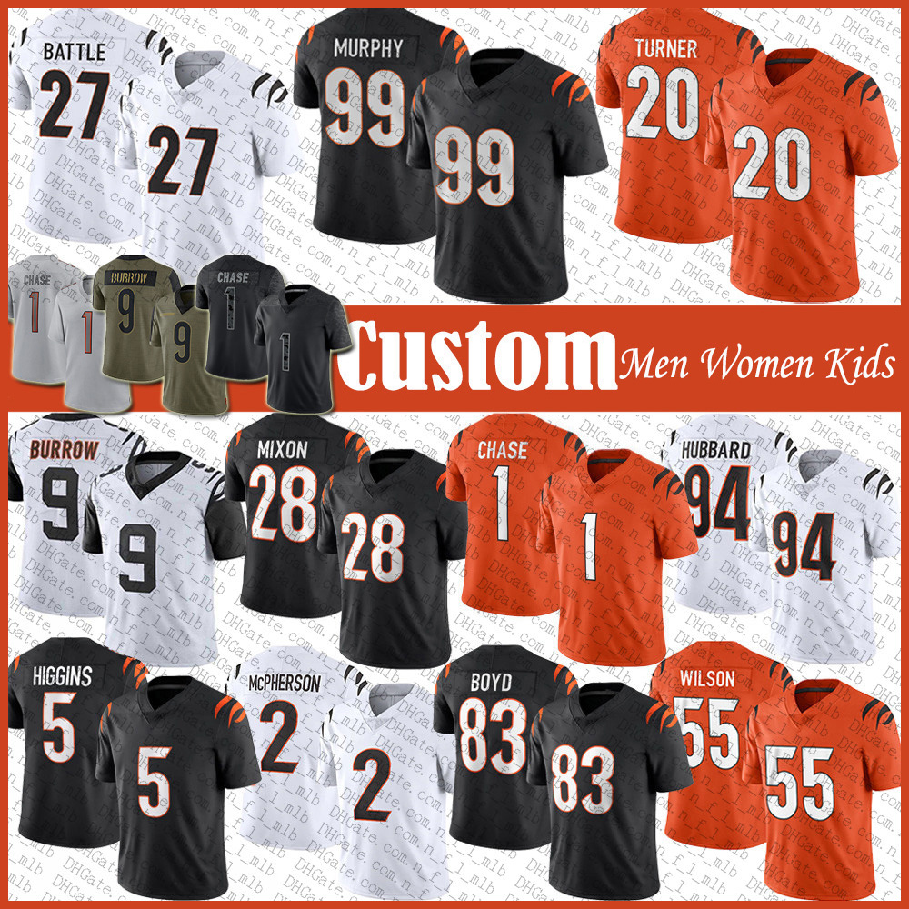 

Custom 9 Joe Burrow 28 Mixon Football Jersey JaMarr Chase Tee Higgins Evan McPherson Sam Hubbard Tyler Boyd Logan Wilson Myles Murphy DJ Turner II Ted Karras 27 Battle, Shown