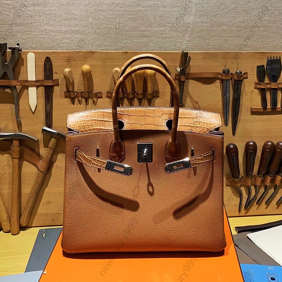 

Tote Designer bag Luxury handbag fully handmade custom bag double leather splicing original imported special leather advanced 22K plating hardware Banquet bag, Orange/crocodile skin