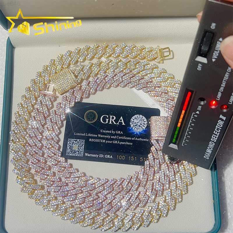 

925 Silver Gold Plated Iced Out Cuban Chain Necklace 15mm Pass Diamond Tester Moissanite Cuban Chain