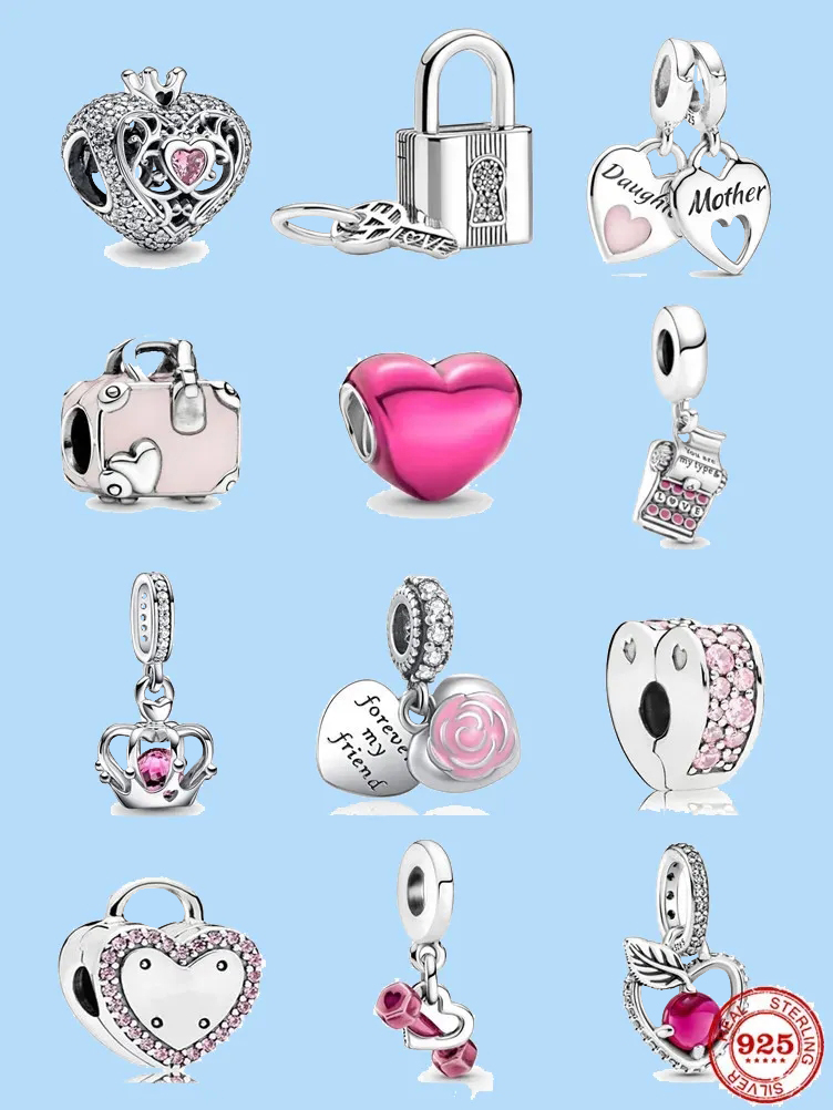 

925 sterling silver charms for pandora jewelry beads Wholesale Pink Crown Pendant Love Clip Bead
