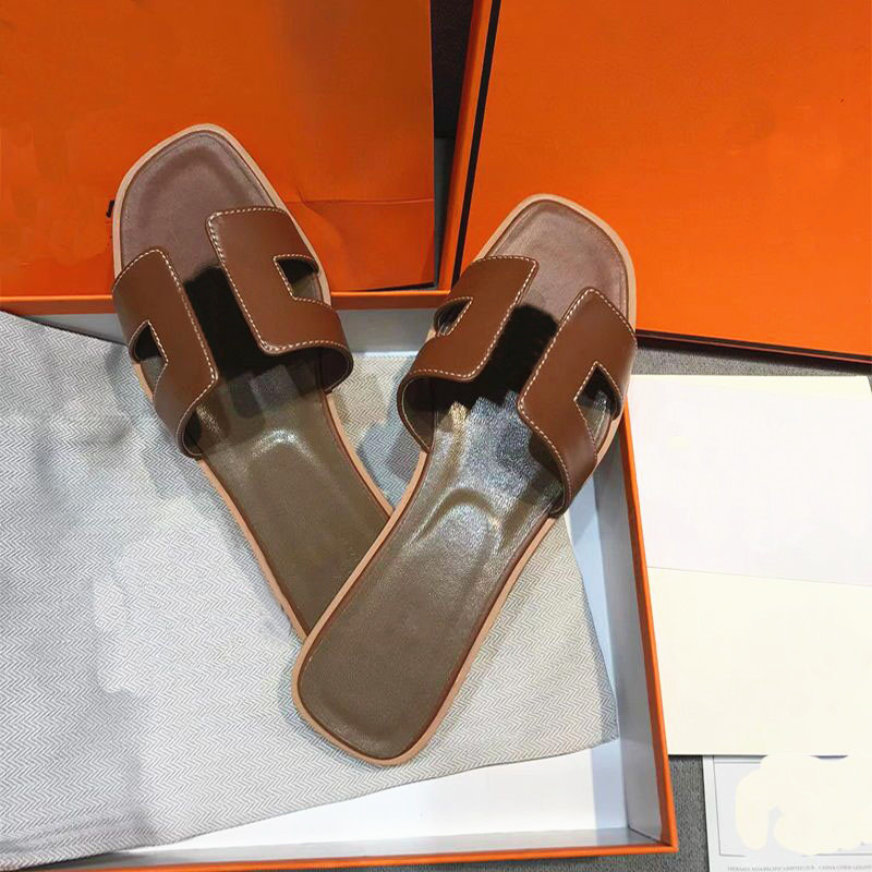 

2023 Summer Sandals Genuine Leather Women Slippers Luxury Flat Slides Ladies Beach Sandal Party Wedding Oran Slipper Size 35, #48