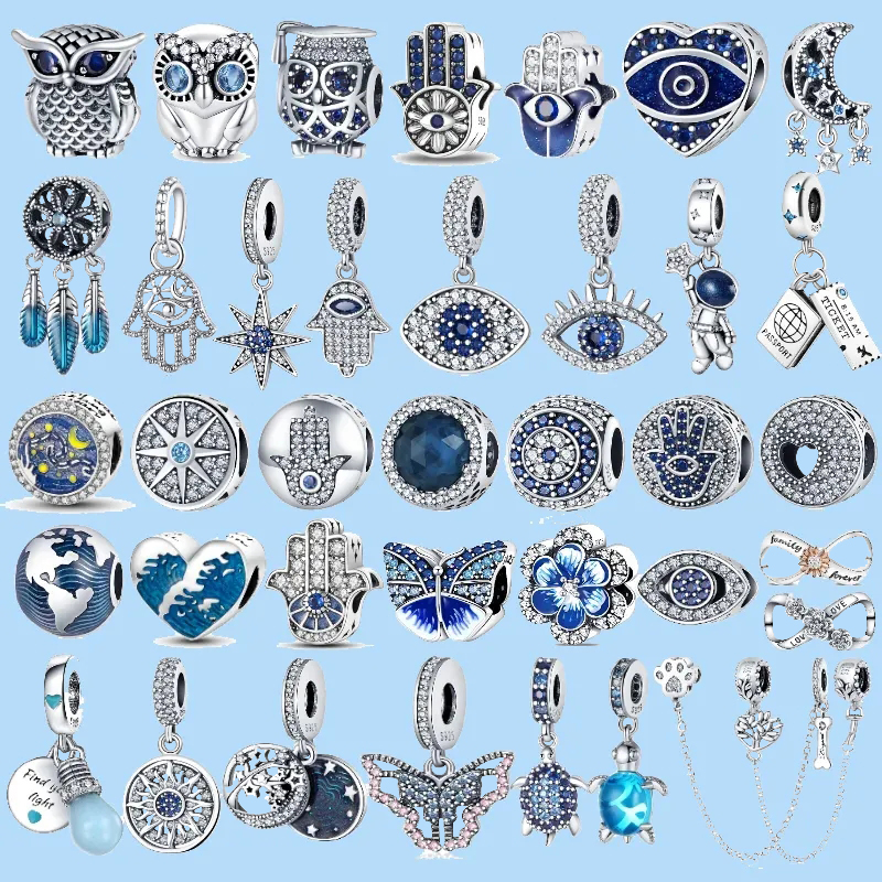 

925 sterling silver charms for pandora jewelry beads Color Evil Eye Owl Hot Air Balloon Blue Bead Pendant Original Beads
