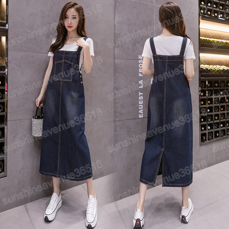 

Blue Jeans Dress Summer Women Fashion Side Button Denim Overalls Dress Female Korean Loose Suspender Midi Dresses Large Size 5XL
