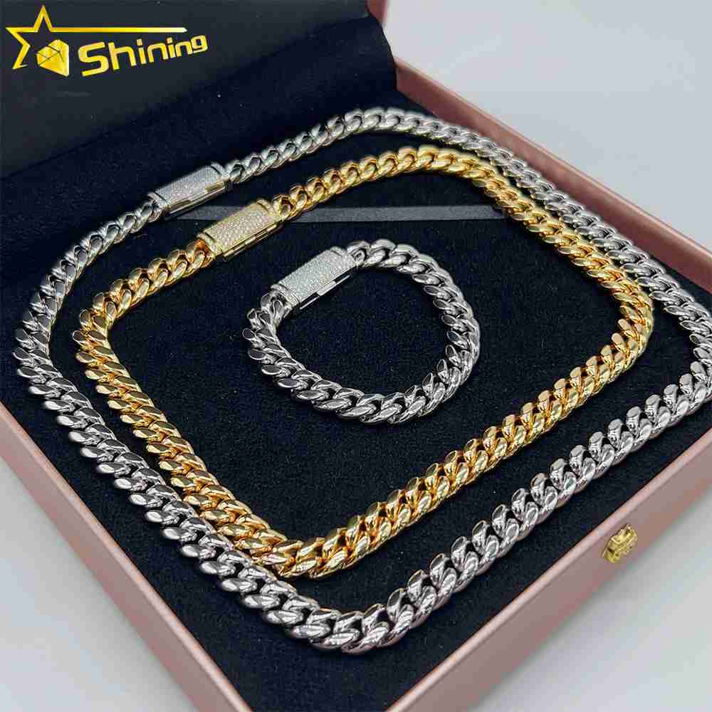 

Necklace 925 Silver Iced Out Moissanite Box Lock 10mm Stainless Steel Cuban Link Chain