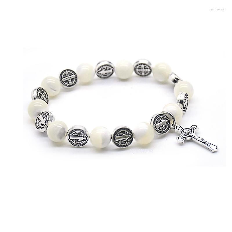 

Strand White Shell Beads Saint Benedict Cross Bracelets Vintage Religious Jewelry