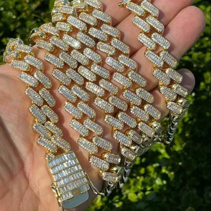 

Hip Hop Ice Out S925 Silver 15mm Wide 3 Row Baguette Moissanite Miami Cuban Chain Necklace