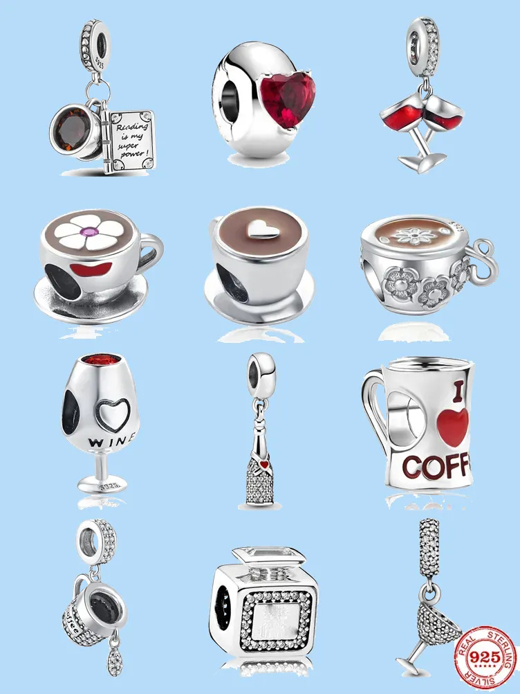 

925 sterling silver charms for pandora jewelry beads Pendant women Bracelets beads Wine Glass Dangle Red Heart Solitaire Clip