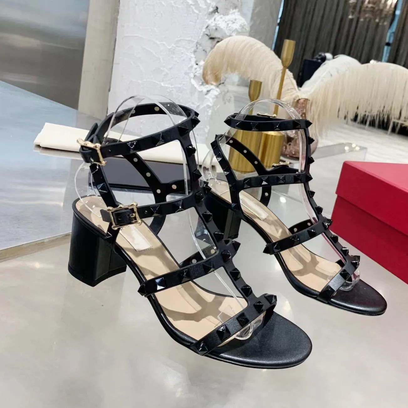 

With Box Valentinoity Designer VT Sandal Sandals Womens shoes Leather Stud High Heels Leather Ladies Sexy Party Shoes 9.5cm HIQ