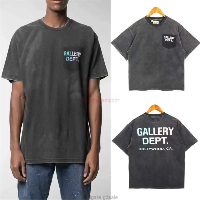 

Designer Fashion Clothing Tees Tshirt American Style Galleryes Depts New Product Wash Gradient Letter Printing Loose Niche Made Old Short Sleeved Unisex Style Tops, Wash water black