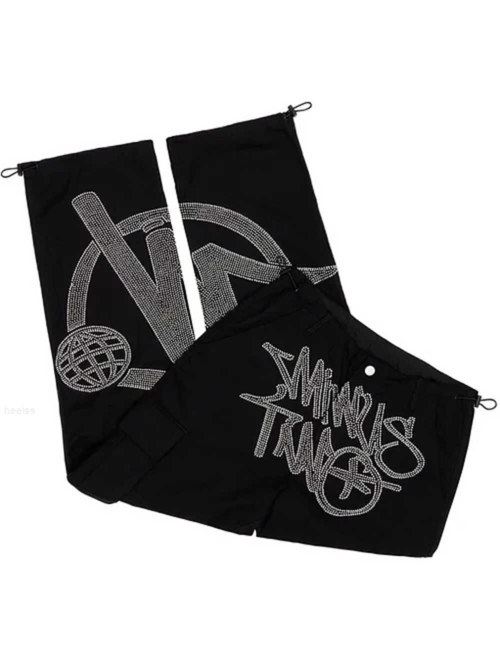 

Men's Pants Minus Two Cargo Y2k Pants men Rhinestone Pattern Oversized Black Trousers Harajuku Hip Hop Punk Rock Gothic Clothing Streetwear