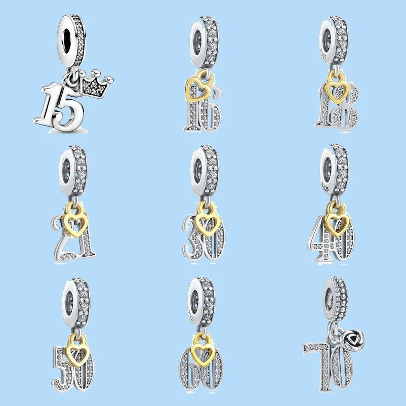 

925 sterling silver charms for pandora jewelry beads DIY Pendant women Bracelets beads Birthday Numbers 16 18