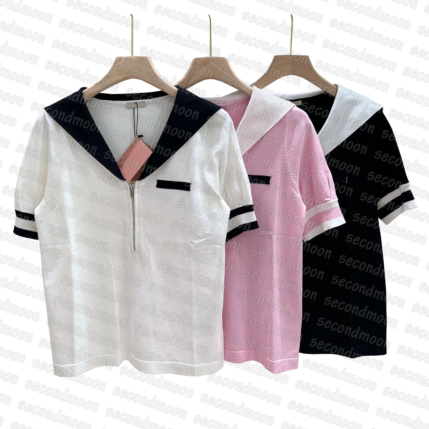 

Half Zipper Knits Top Women Short Sleeve Tees Sailor Collar Knitted Tops Spring Summer Knitting T Shirt, White