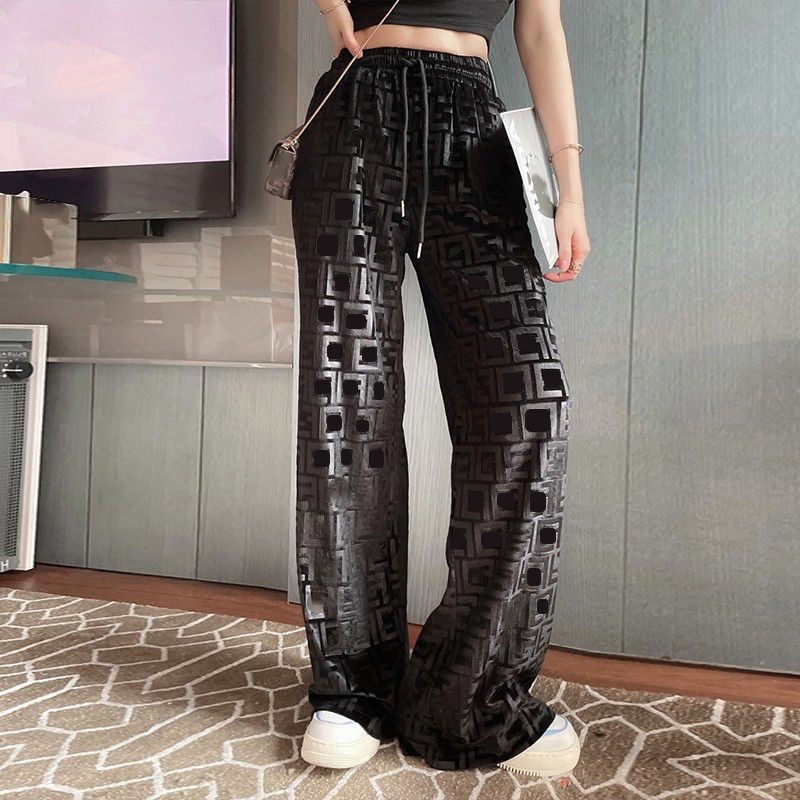 

luxury womens Pants designer trousers classic letter Fendy Straight pants Spring summer Casual velvet wide legs 3D embossed Loose large size lace-up Fendis pants