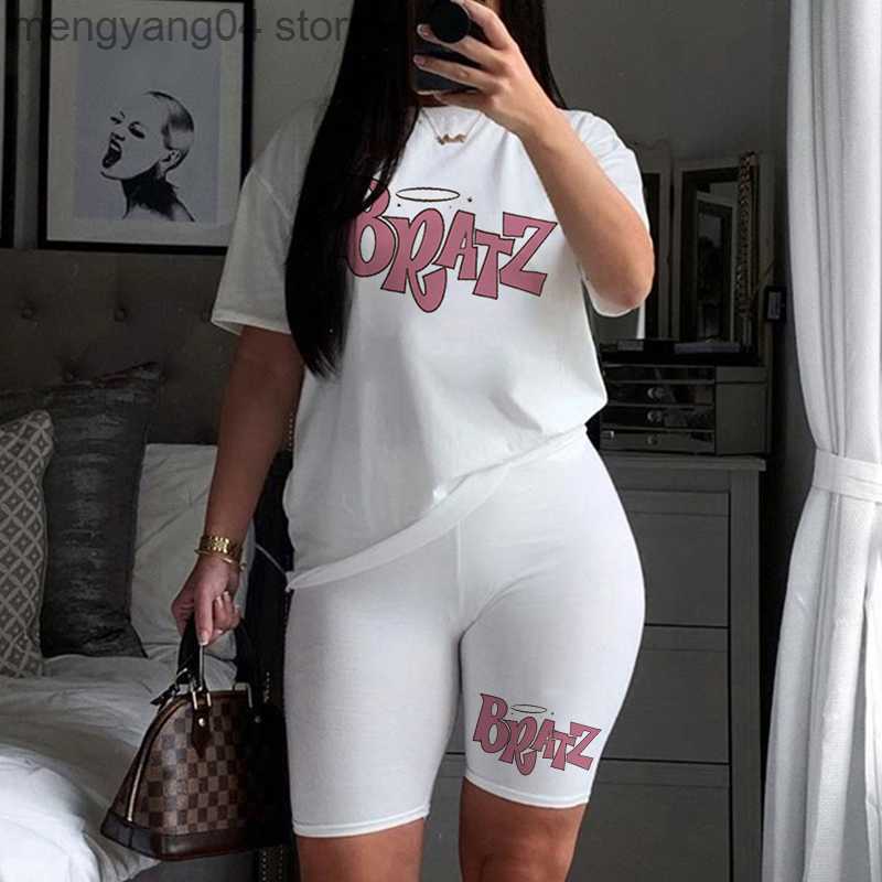 Women's Tracksuits Spring Summer Jogging 2-Pieces Set Women Outfit Short Sleeve Running Sports Cute Bratz Print T-Shirts And Shorts Sets For Fe