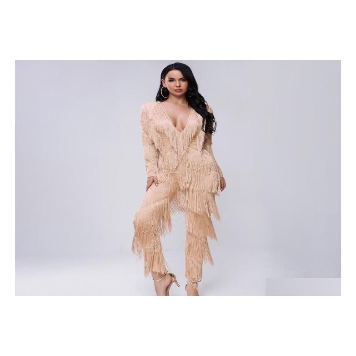 

Women' Jumpsuits Rompers Women039S Autumn Fringes Womens Jumpsuit Tassels Sexy V Neck Long Sleeve Chic Outfits Fashion Low Cut Ov Othmf, Khaki