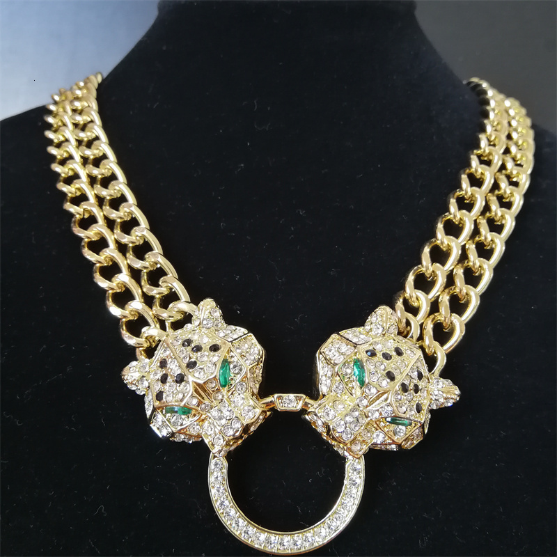 

Pendant Necklaces Hip Hop Crystal Double Leopard Head Pendant Necklace with Double Cuban Chain Suitable for Women's Fashion Panther Jewelry 230512