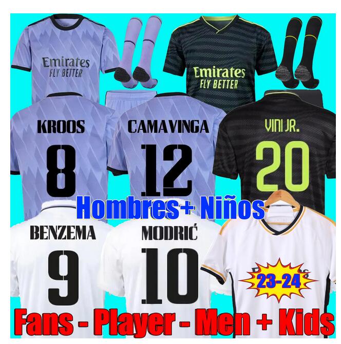 

22 23 24 BENZEMA Soccer Jerseys reAL mADRIds 2023 2024 VINI JR kit camiseta CAMAVINGA TCHOUAMENI football shirt kids sets uniform socks