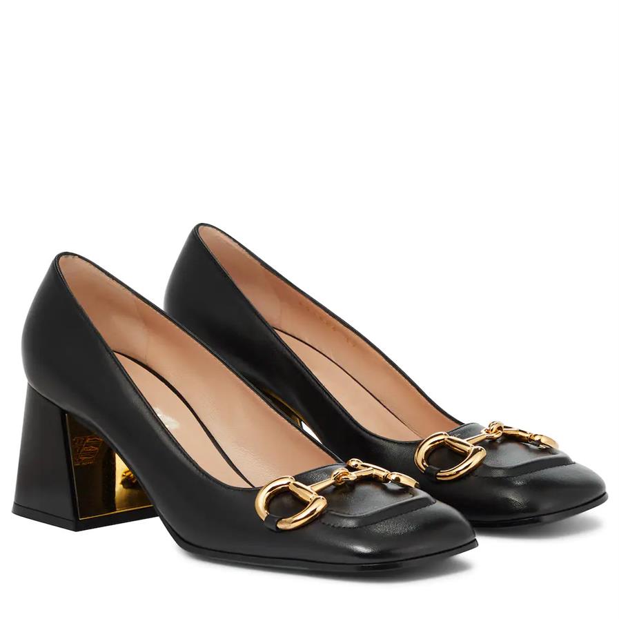 

With Box Women Shoes Luxury Designer Brand Dress Shoe Double G Horsebit Loafers Heels Square Toes Leather Chunky Heel Pumps 2 5cm 228B, Black--5cm heel