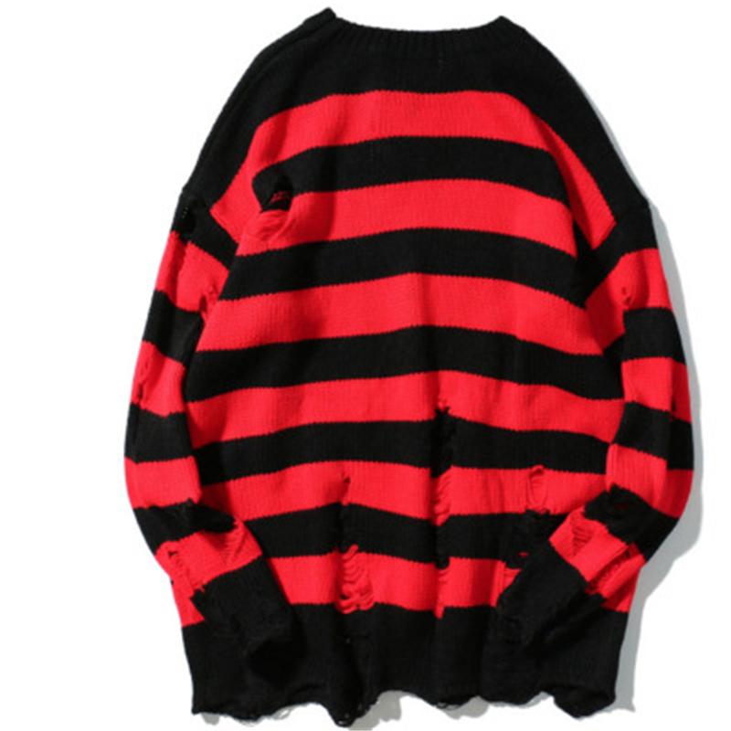

Men' Sweaters Hip Hop Black Red Striped Washed Destroyed Ripped Sweater Men Hole Knit Jumpers Women Oversized Harajuku, Green