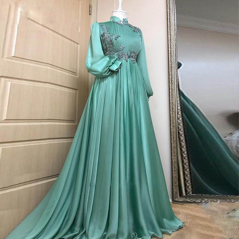 Green Moroccan Evening Dresses with Puffy Sleeve Bead A Line Muslim Prom Gown Pleat Caftan Womens Formal Vestido De Noche-image-865800900
