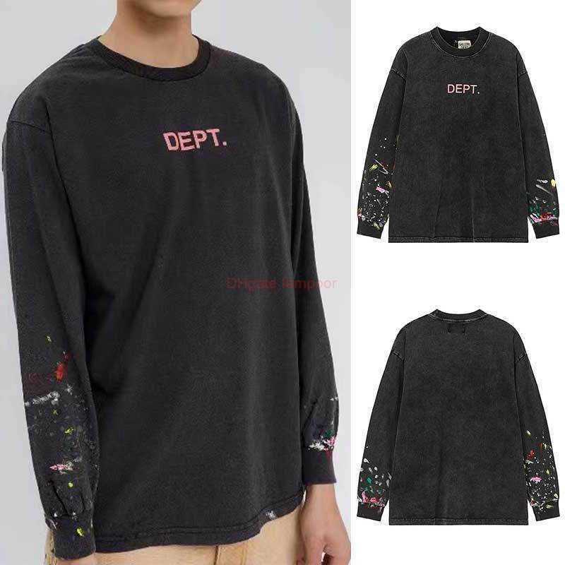 

Designer Fashion Clothing Galleries Tees Tshirt Tidy Galleryes Depts Letter Color Painting Speckle Print Washed Used Long Sleeve T-shirt Undercoat for Men Women, Washed black high quality