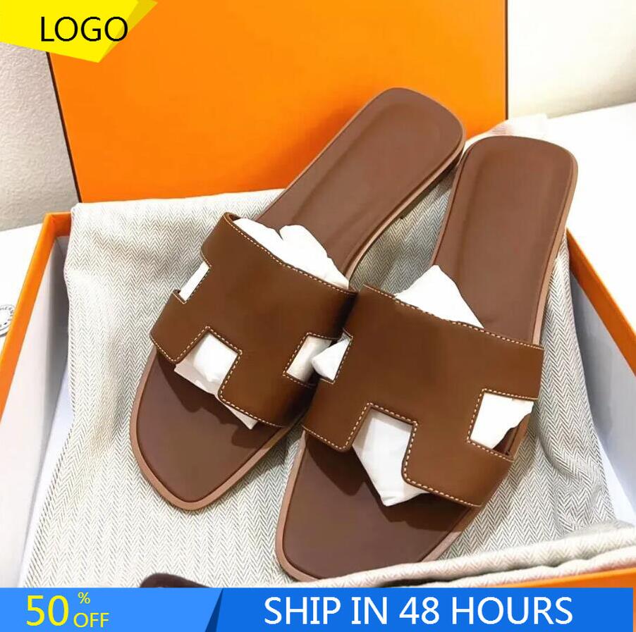

Luxury Designer Leather Ladies Sandals Summer Flat Shoes Fashion Beach Women Slippers H Letter Drag 35-42, Pink litchi