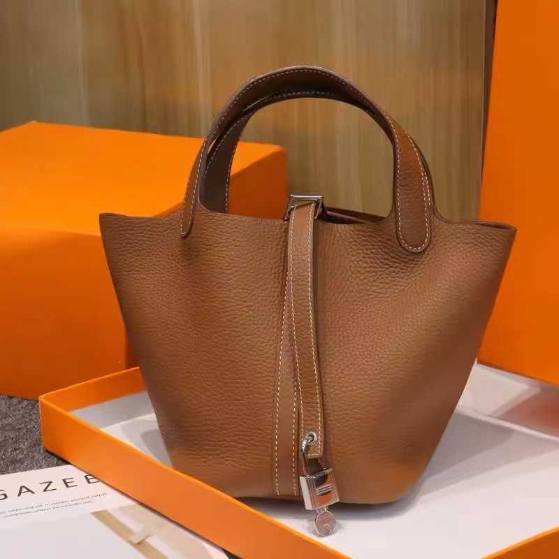 

Authentic Totes Picotin Women's Luxury Bags h Family's New Vegetable Basket Bag Portable Bucket Bag Women's Litchi Pattern Handmade Wax Thread Leather Handbag, Camel