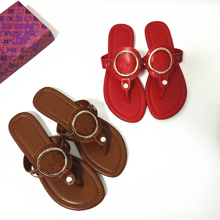 

Designer Sandals Flat Heel Summer Beach Flip Flops Slippers Genuine Leather Brown Black Women Sandal with Dust Bag 35-43, Red matte
