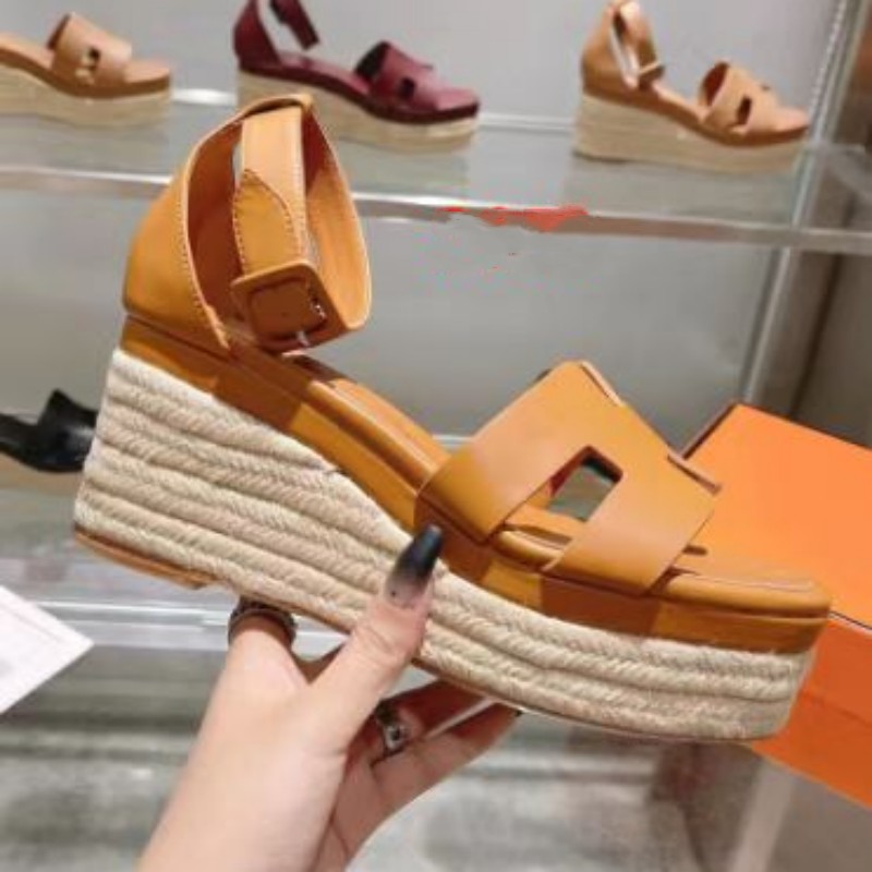 

Fashion brand design ankle sandals high-heeled wedges 8.5cm shoes wedding party dew women's H shoes thick bottom before 5cm leather high-end women's shoes leisure belt bo, As pic
