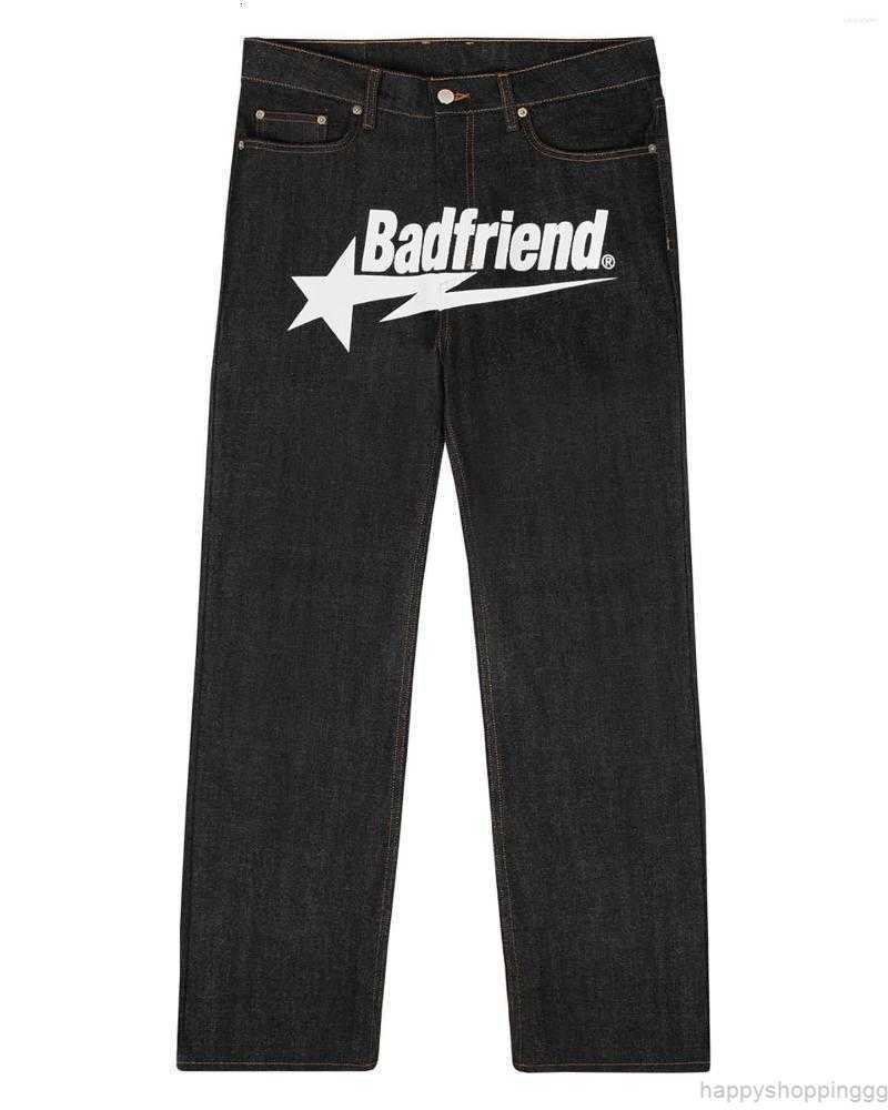 

Men' Jeans Y2k Hip Hop Badfriend Letter Printing Baggy Black Pants 2023 Harajuku Fashion Punk Rock Wide Foot Trousers Streetwear