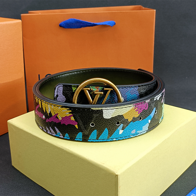 

Belt Designer Belt Luxury Belts Pattern Design Graffiti style Four Color Circular Button Material Leather Men Women Belt Fashion Versatile Style Optional Gift Box, As pics