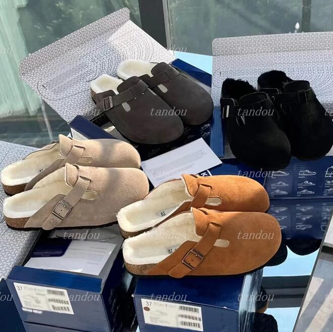 

Boston Shearling Sandals Designer Clogs Suede Leathe Slippers Wook Fur Cork Flat Slides Fashion Clog Arizona Mayari Sandal Size 36-45, Color 3