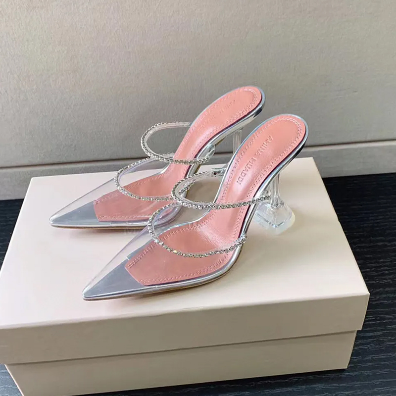 

Amina Muaddi Gilda crystals-embellished clear PVC mules slippers On pointed toe high-heeled summer Slip silver leather Sandals luxury designers shoes party heeled, Color 1