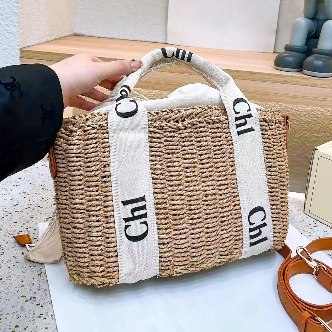 

Womens woody Beach Bag men the tote Straw basket Designer summer vacation keepall travel Shoulder bags Crossbody luxury weave handbag duffle weekend city clutch bag, Black