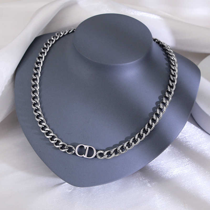 New Dijia Colorless Titanium Steel CD Letter Necklace Cuban Version Thick Chain Simple Light Luxury Jewelry