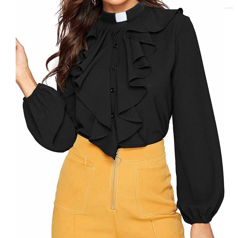 

Women' Blouses Ladies Clergy Shirt Tab Collar Ruffles Jabot Blouse, Black