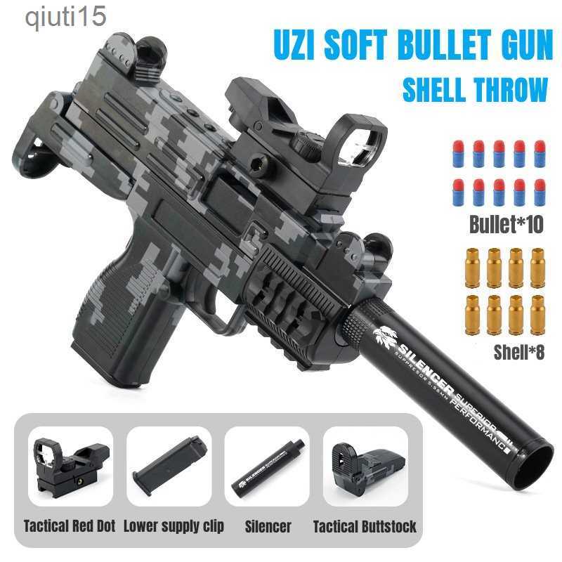 

Gun Toys UZI Throw a Shell Soft Bullet Gun Kids Toy Gun Dart Blaster Pistol Manual Airsoft Gun With Silencer T230515