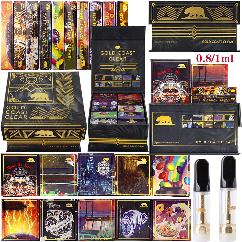 

GOLD COAST CLEAR Black Empty Vape Pen Cartridges Atomizers Summer 0.8ml 1ml Ceramic Cartridge Glass Tank Thick Oil Dab Vaporizer Carts 510 Thread 10 Strains