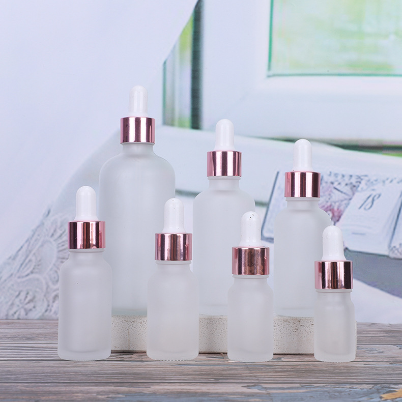

Clear Frosted Glass Essential Oil Perfume Bottle Liquid Reagent Pipette Dropper Bottle with Rose Gold Cap 5-100ml