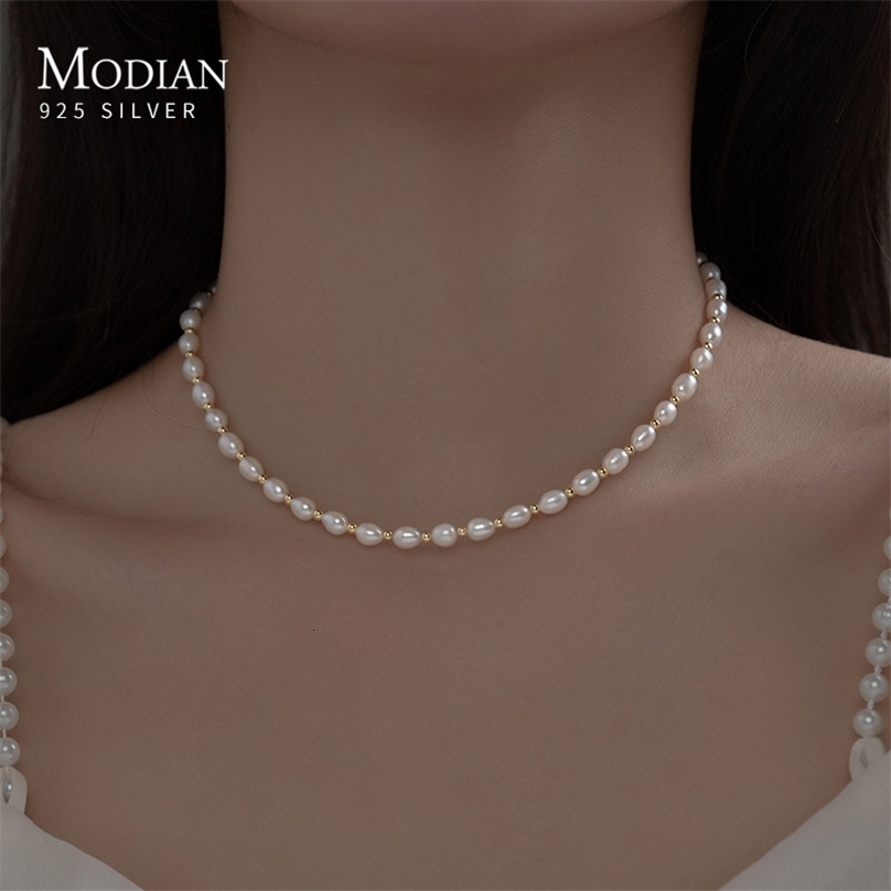 Pendant Necklaces MODIAN Real 925 Sterling Silver Natural Freshwater Pearl Charm Necklace Short Chain Necklace Jewelry Wedding Accessories 230512