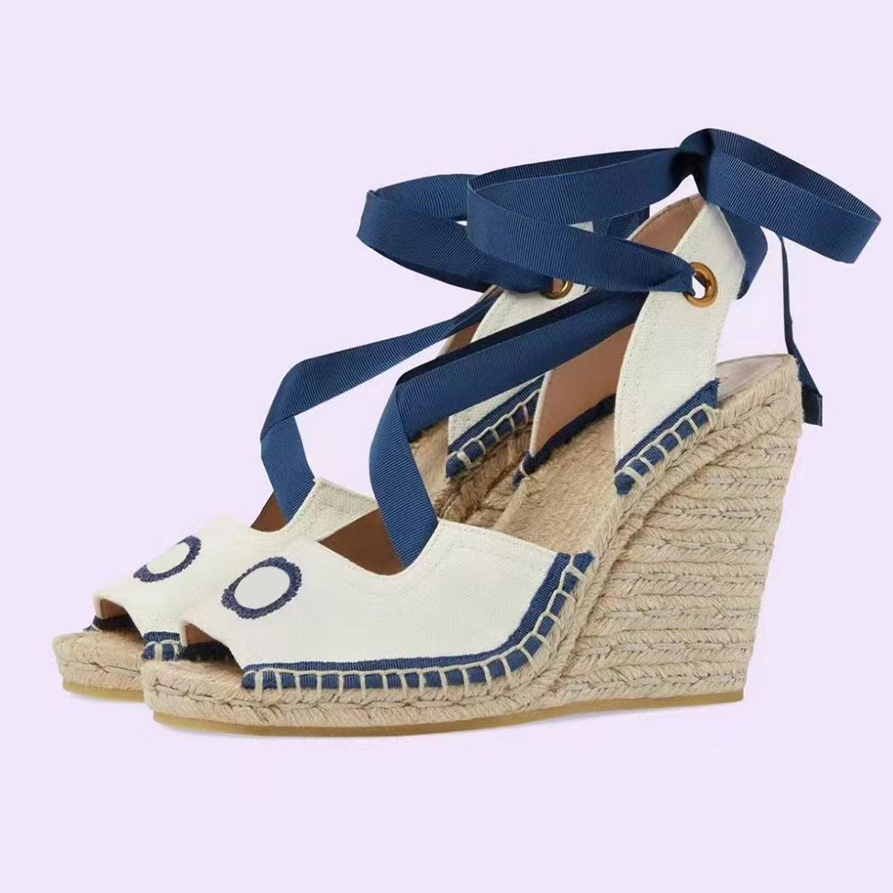 

Straw woven wedge sandal Women's canvas shoes with satin ties chunky heels block Heel dress shoe 11cm Letter casual Fisherman Women Luxury Designers Sandal, Yellow
