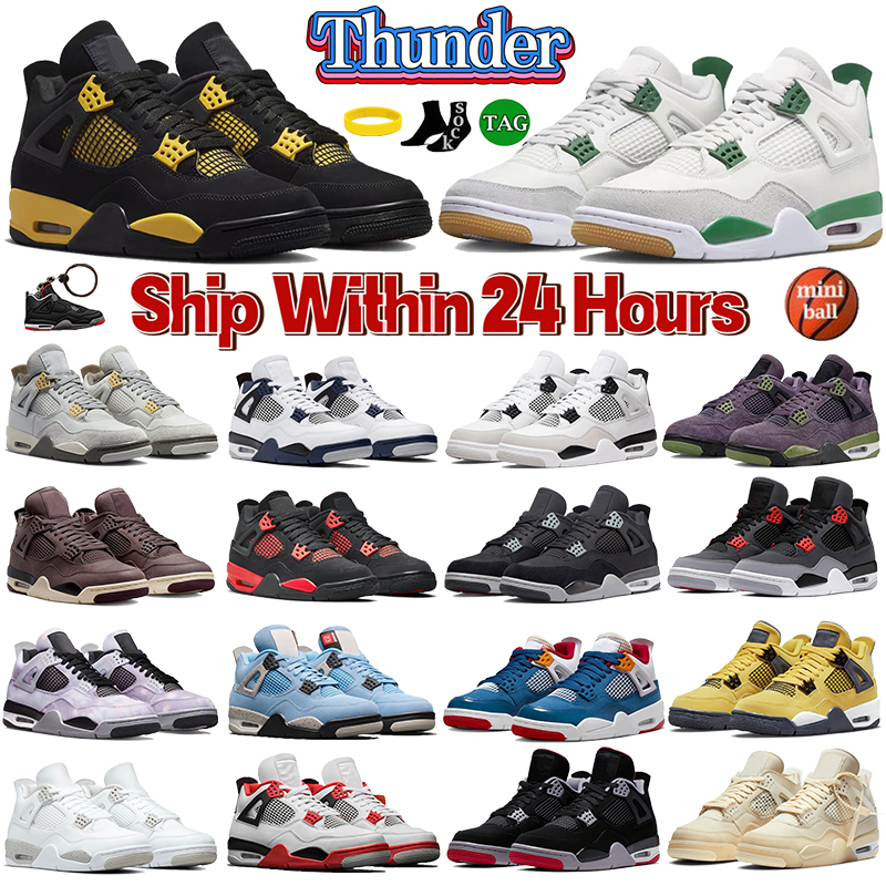 

Men 4 Basketball Shoes 4s Thunder Pine Green Seafoam Mindnight Navy Jumpman Sport Sneakers OG University Blue Military Black Cat Mens Womens Outdoor Trainers, 01 thunder