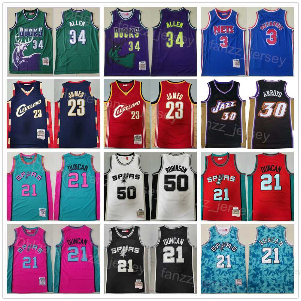 

Retro Mitchell and Ness Basketball Drazen Petrovic Jersey 3 Ray Allen 34 LeBron James 23 Tim Duncan 21 David Robinson 50 Carlos Arroyo 30 Vintage Breathable Man, Black