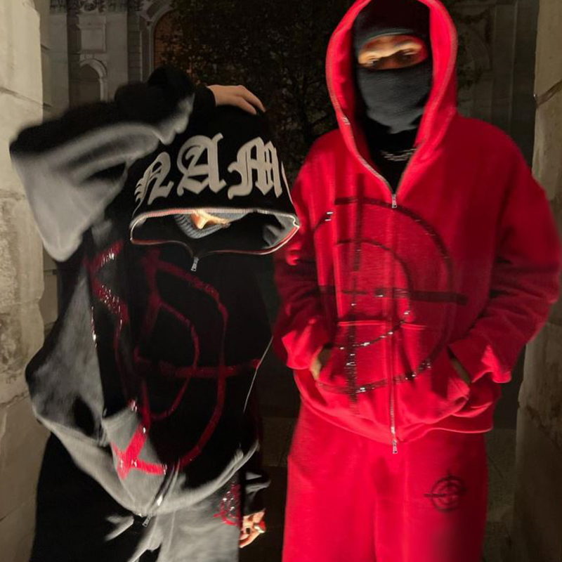 Men's Hoodies Sweatshirts Winter American Y2k High Street Red Black Hoodie Ironed Diamond Zip Up Cardigan Men Goth Couple Oversized Casual Swea