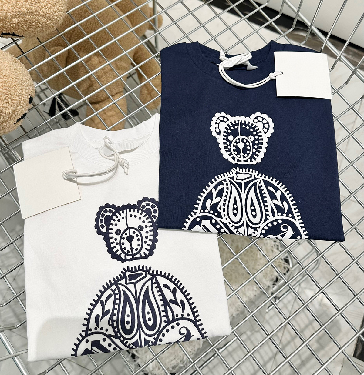

Summer Kids cut bear short sleeve T-shirts boys girls Cashew printed casual tops fashion children cotton holiday Tees clothing S0007, Navy bear